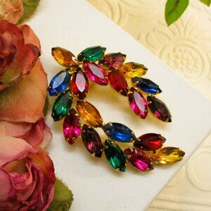 VINTAGE Multicolored Rhinestone Gold Swirl Brooch ~ Sparkling Rhinestone Brooch